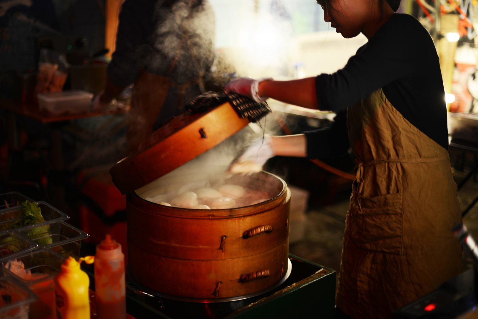 Bao being steamed at a Street Feast stall